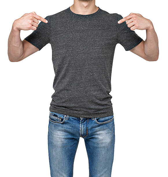 istock man pointing his fingers on a blank grey t-shirt. Isolated. 480729132