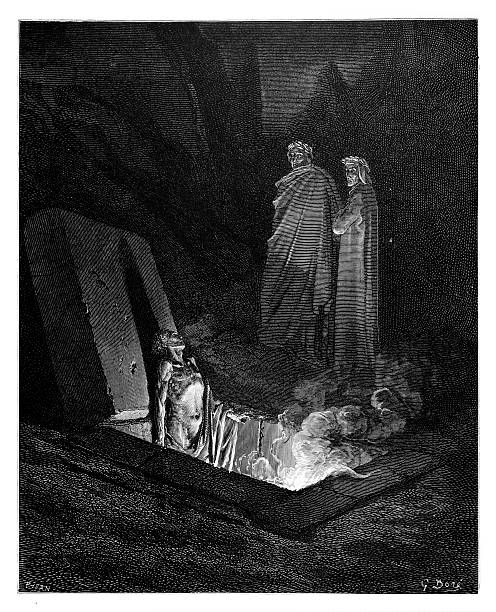 Dante and Virgil before Farinata Dantes inferno -The heretics in burning tombs,By Dante Alighieri, Illustrated by Dore, dante stock illustrations