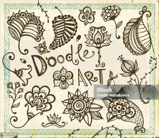 Doodle Elementi Di Design Floreale Vettore Imposta - Immagini vettoriali stock e altre immagini di Album di ritagli