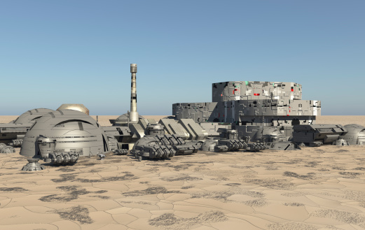 Six wheeled exploration rover traverses barren extraterrestrial terrain with an Earth-like planet and stars in the backdrop. 3d render