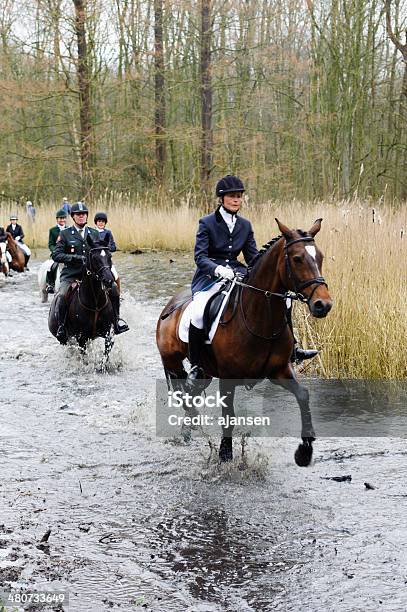 Hunters Riding Their Horses Through A Swamp Stock Photo - Download Image Now - England, Horse, Track Event