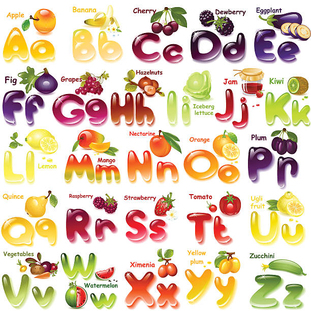 ilustrações de stock, clip art, desenhos animados e ícones de alfabeto com frutas - letter alphabet symbol fruit