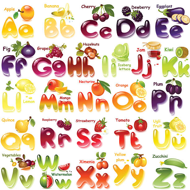 алфавит с фруктами - fruit vector typescript illustration and painting stock illustrations
