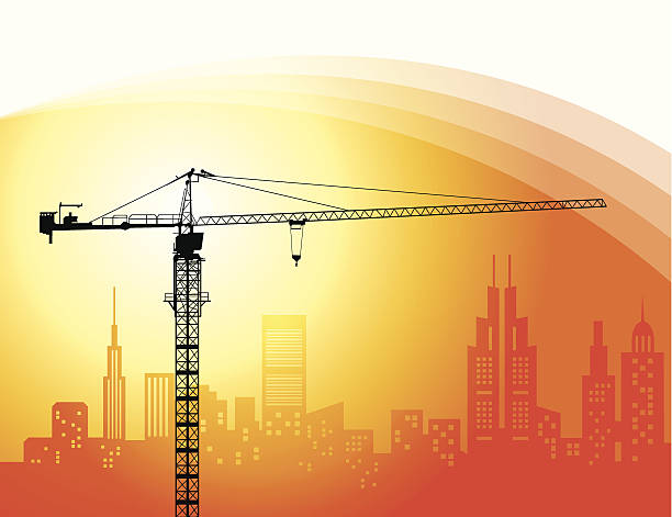 Scaffolding Vector silhouette of a building being built. The crane and backgrounds are on separate layers. construction skyscraper machine industry stock illustrations