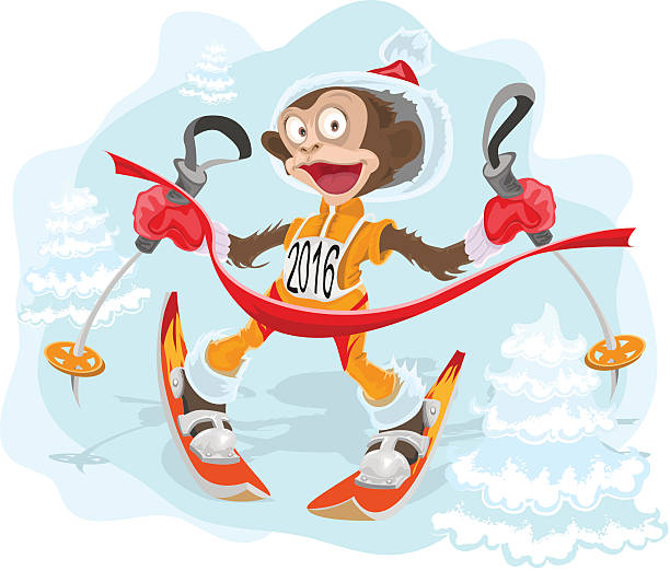 ilustraciones, imágenes clip art, dibujos animados e iconos de stock de mono símbolo de 2016 es de esquí - mono ski