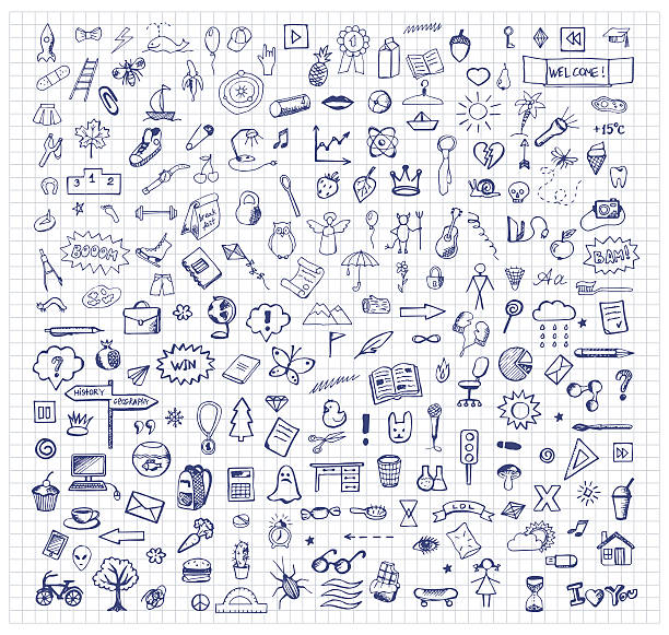 Background with hand drawn ink school doodles Vector illustration for typography banners, posters, fliers, cards, covers, brochures etc teenager doodle stock illustrations
