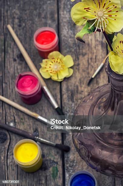Oil Paint Four Colors And Old Brush Stock Photo - Download Image Now - Art, Art And Craft, Artificial