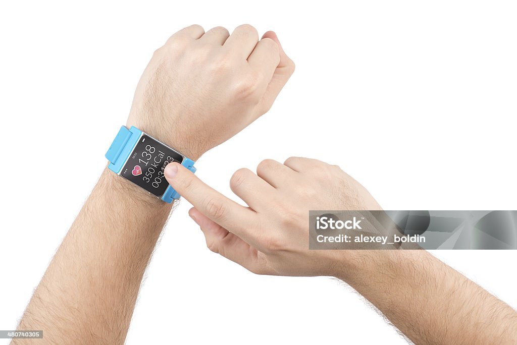 Smart watch with fitness app on male hands Male finger taps on the screen of the smart watch with fitness app Bracelet Stock Photo