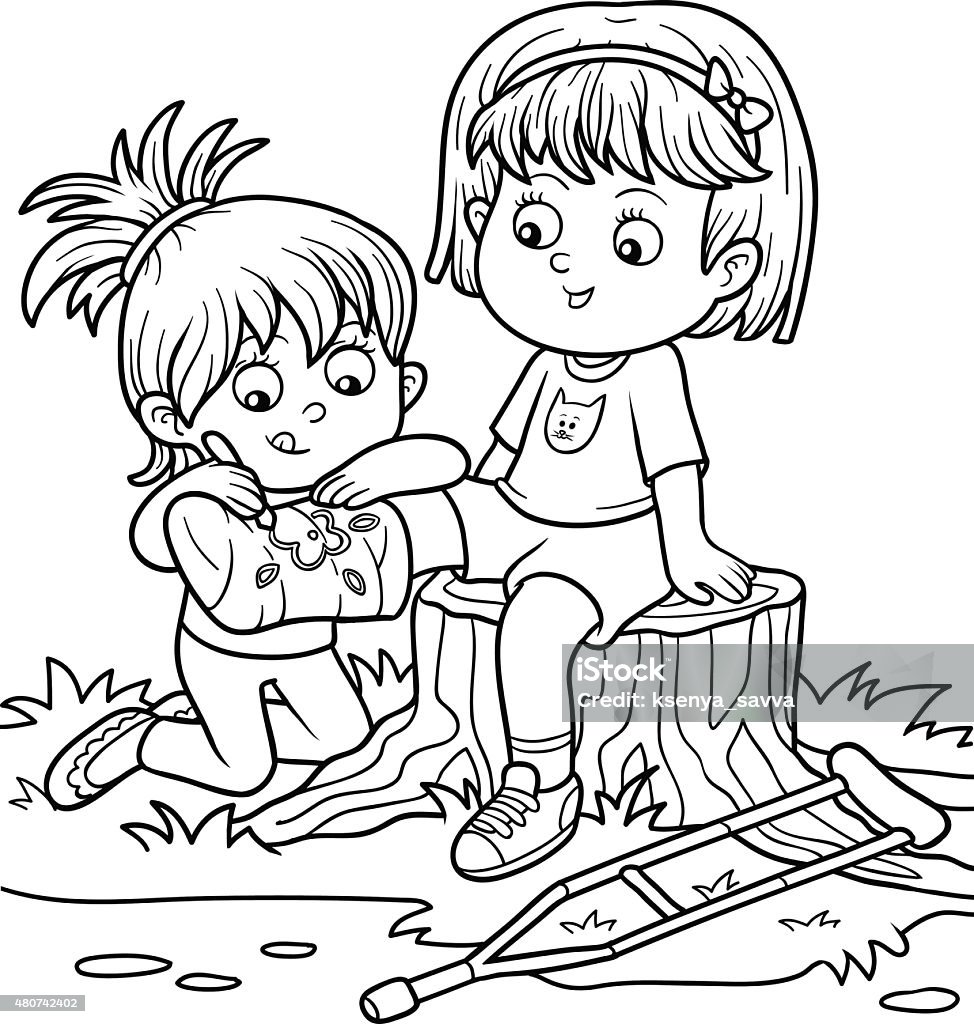 Coloring book (Two girls on the glade) Coloring book for children (Two girls on the glade, Girl draws on the plastered leg) 2015 stock vector