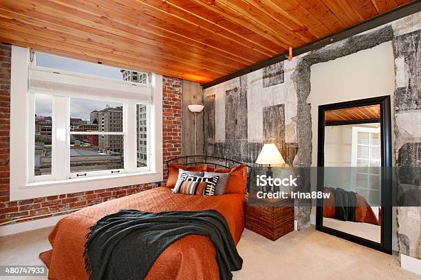 Modern Bedroom With A Broken Concrete Wall Stock Photo - Download Image Now - Apartment, Architecture, Bed - Furniture