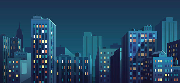 ilustrações, clipart, desenhos animados e ícones de panorama da cidade - buildings at night