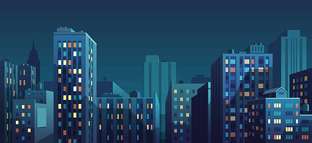 Panorama of the city Night cityscape. Vector illustration. view stock illustrations