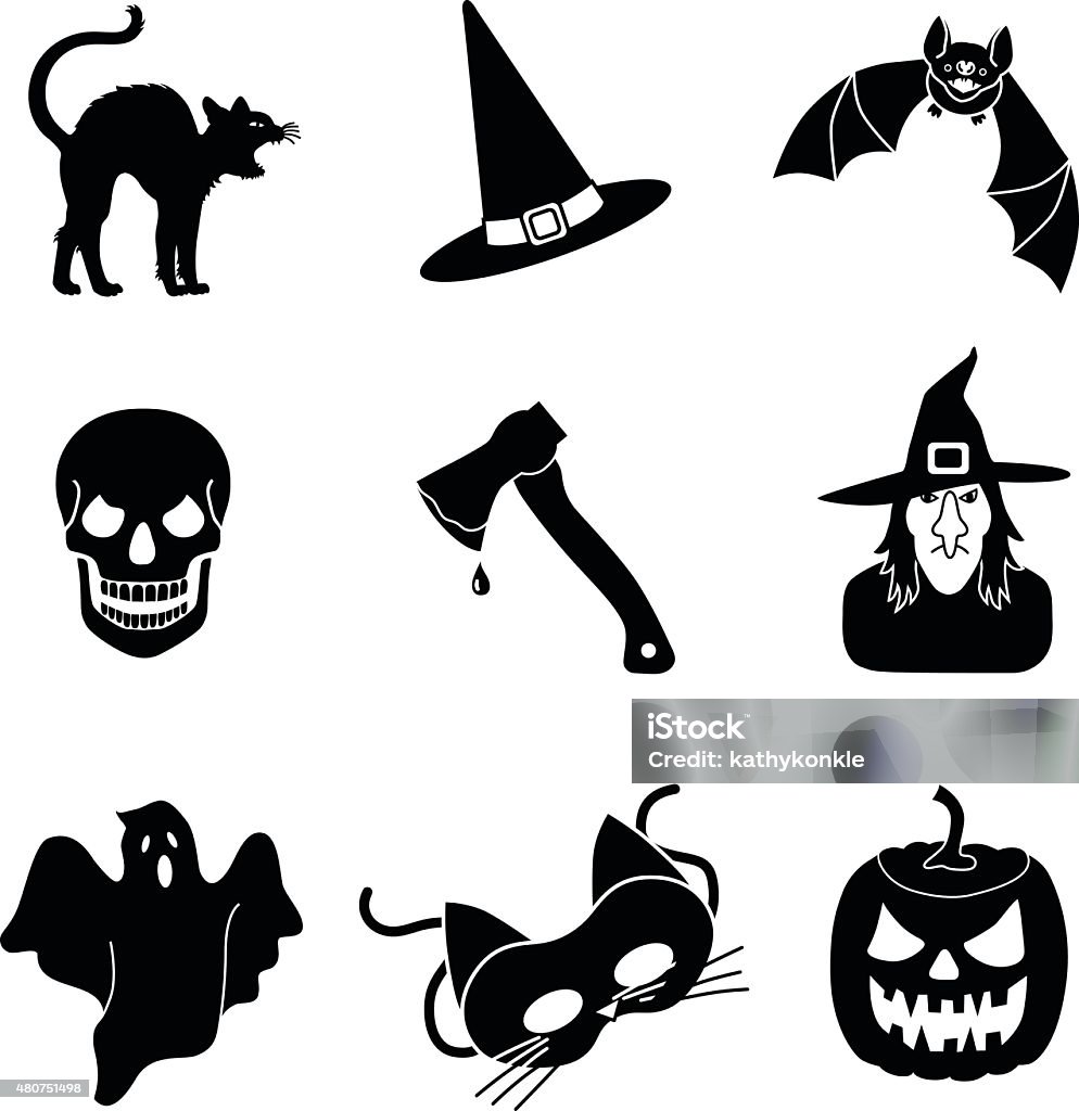 Halloween vector icons in black and white A vector illustration of nine Halloween icons in black and white including a black cat, witches hat, flying vampire bat, laughing skull, bloody axe, witch, ghost, Halloween party mask and carved pumpkin with a scary face. This is a vector EPS file. A large jpg is included in this download. 2015 stock vector