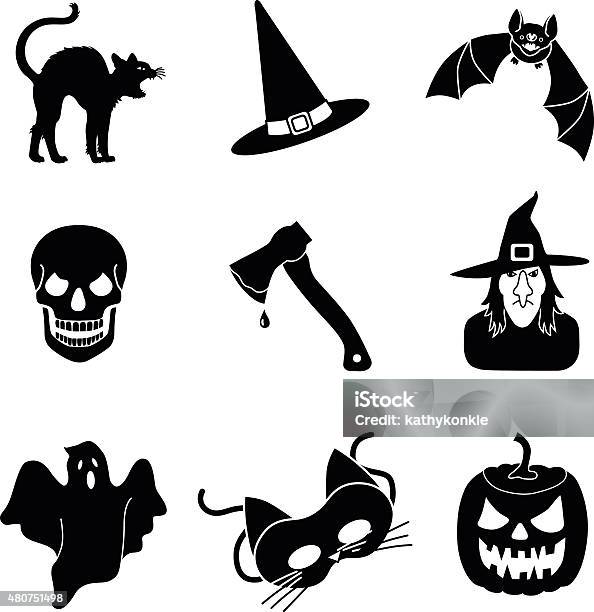 Halloween Vector Icons In Black And White Stock Illustration - Download Image Now - 2015, Bat - Animal, Black And White