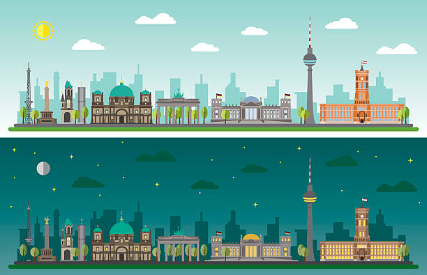 ilustraciones, imágenes clip art, dibujos animados e iconos de stock de vista de los edificios de la ciudad de berlín por día y noche - panoramic international landmark national landmark famous place