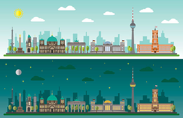 illustrations, cliparts, dessins animés et icônes de la ville de berlin par jour et de nuit - berlin germany germany antenna skyline