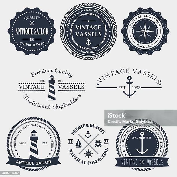 Vintage Nautical Badger And Labels Stockvectorkunst en meer beelden van Touw - Touw, Cirkel, Watervaartuig