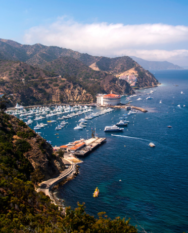 Avalon harbor in summer on Santa Catalina Island with casino and submarine.