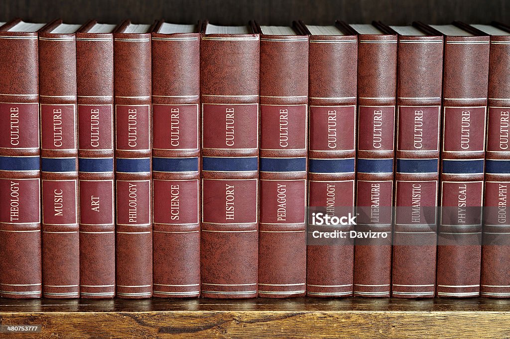 row of books on a shelf with titles in English row of books with brown cover on a shelf with titles in English Art Stock Photo