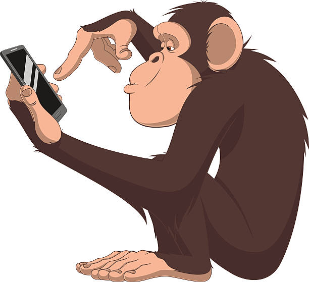 małpa i smartphone - telephone chimpanzee monkey on the phone stock illustrations