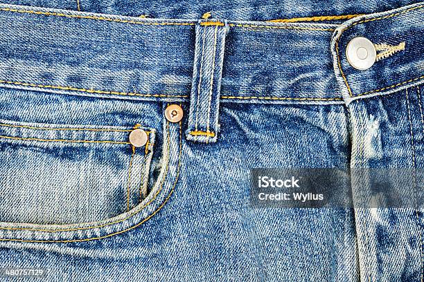 Blue Jeans Fabric With Pocket Stock Photo - Download Image Now - Blue, Button - Sewing Item, Canvas Fabric