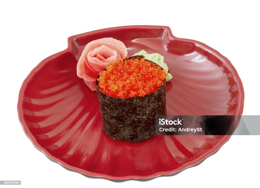 Sushi with fying fish caviar isolated over white background Appetizer Stock Photo