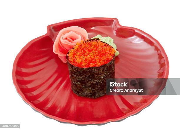 Sushi With Fying Fish Caviar Isolated Over White Background Stock Photo - Download Image Now