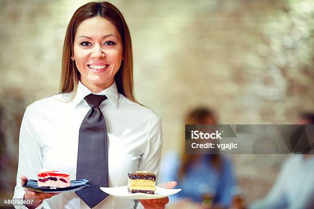 Cheerful Waitress With Desserts Stock Photo - Download Image Now - Waitress, Chef, Smiling