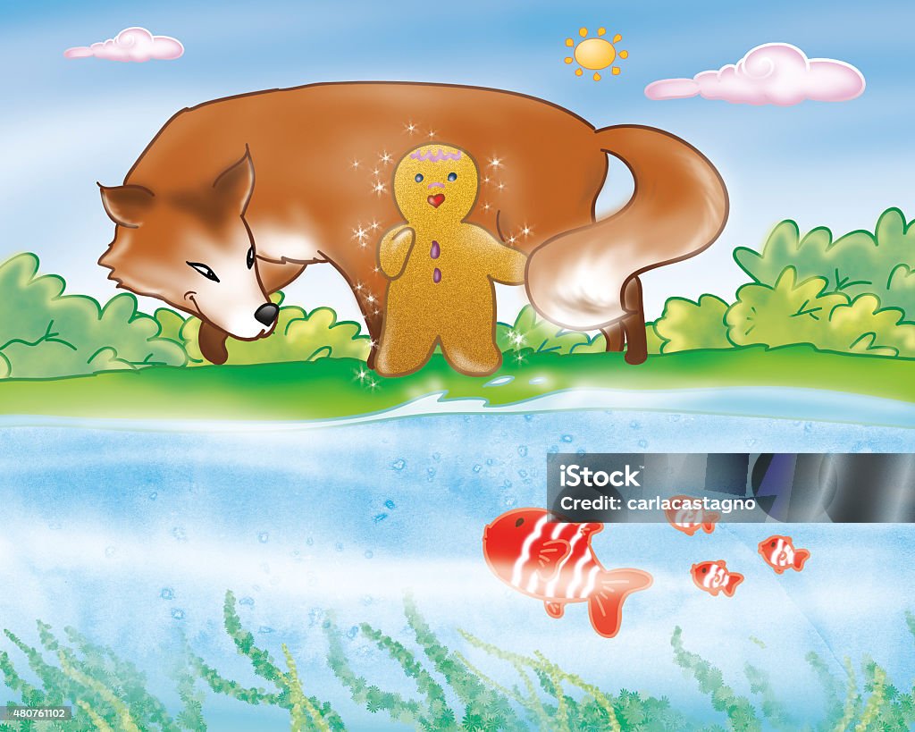 Gingerbread boy and fox near the river The gingerbread boy and the fox are going to swim in the river. Digital illustration of the gingerbread boy fairy tale. Gingerbread Man stock illustration