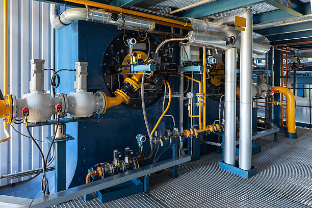 caldera de alta potencia de dos quemadores - boiler power station gas boiler industrial boiler fotografías e imágenes de stock