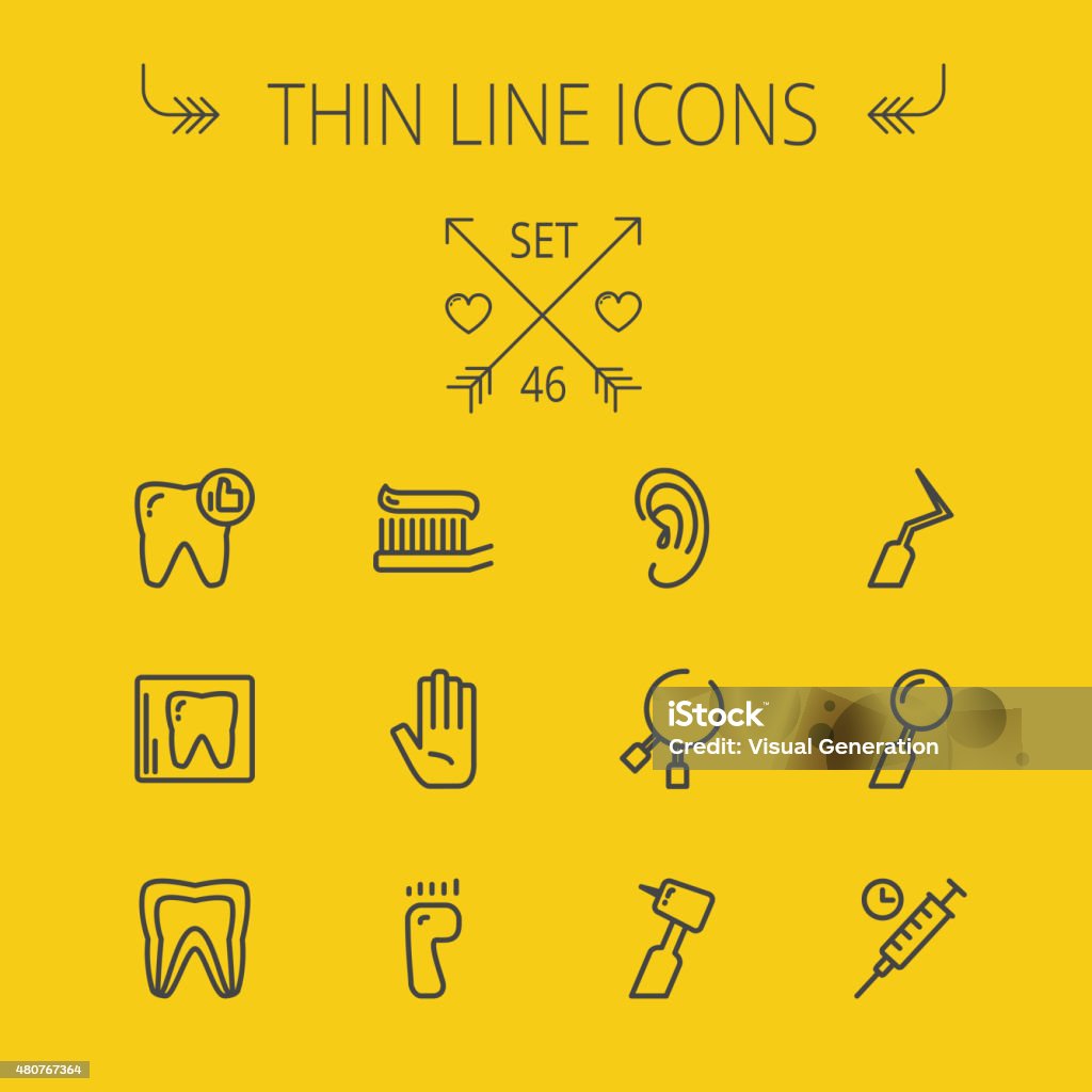 Medicine thin line icon set Medicine thin line icon set for web and mobile. Set includes- tooth, toothbrush, dental tools, foot, hand, syringe icons. Modern minimalistic flat design. Vector dark grey icon on light grey background. 2015 stock vector