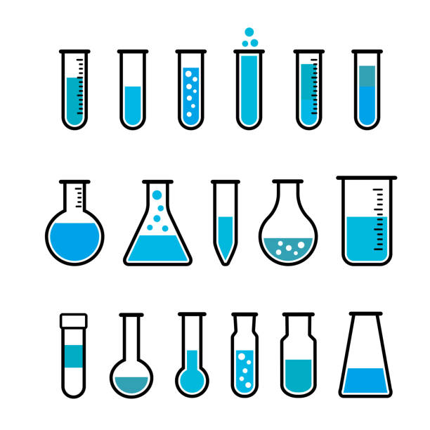 ilustraciones, imágenes clip art, dibujos animados e iconos de stock de tubos de ensayo químico iconos - laboratory equipment illustrations