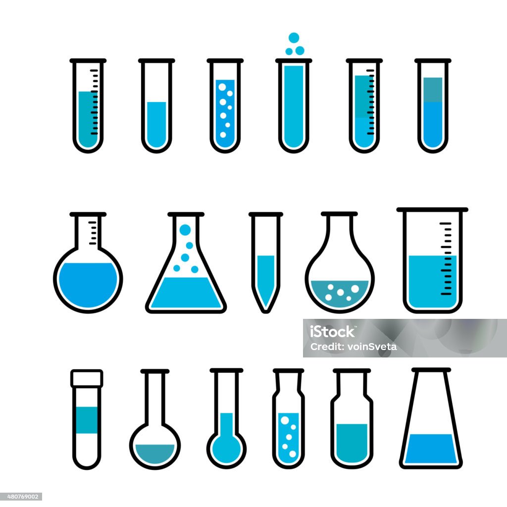 Chemical test tubes icons Chemical beaker icons set. Chemical lab equipment isolated on white. Test tubes wit blue fluid for science experiment.  Test Tube stock vector