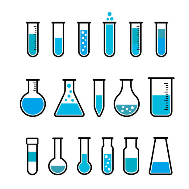 Chemical test tubes icons Chemical beaker icons set. Chemical lab equipment isolated on white. Test tubes wit blue fluid for science experiment.  laboratory glassware stock illustrations