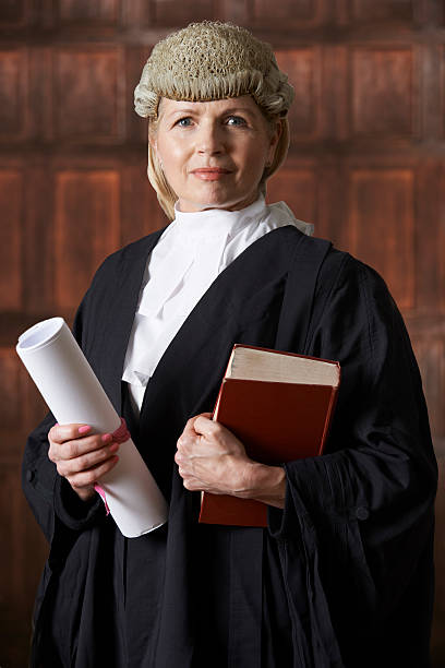 Portrait Of Female Lawyer In Court Holding Brief And Book Portrait Of Female Lawyer In Court Holding Brief And Book slander stock pictures, royalty-free photos & images