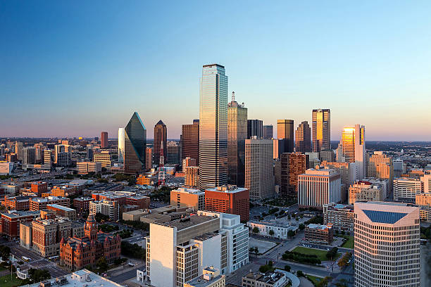 Dallas, Texas cityscape Dallas, Texas cityscape with blue sky at sunset, Texas reunion tower photos stock pictures, royalty-free photos & images