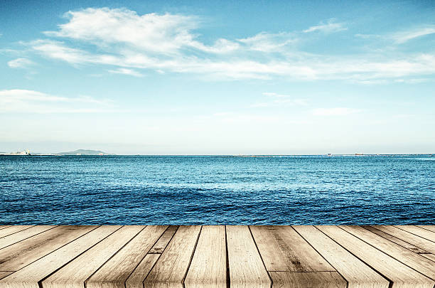 istock Wood, blue sea and sky background 480774504