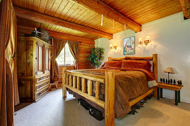 istock Cowboy bedroom interior with wood ceiling. 480775629