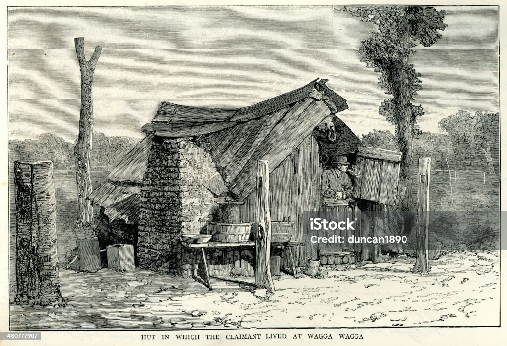 Hut at Wagga-Wagga, Australia Vintage engraving of the hut in which the claimant lived at Wagga Wagga, Australia. The Graphic, 1874. The Tichborne case was a legal cause celebre that captivated Victorian England in the 1860s and 1870s. It concerned the claims by an individual sometimes referred to as Thomas Castro or as Arthur Orton, but usually termed "the Claimant", to be the missing heir to the Tichborne baronetcy. He failed to convince the courts, was convicted of perjury and served a long prison sentence. Australia stock illustration