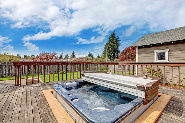 Backyard deck with hot tub stock photo