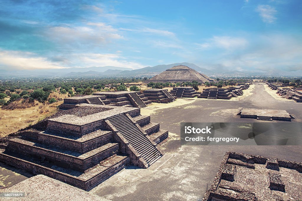 Teotihuacan, Mexico, Pyramid of the sun Teotihuacan, Avenue of the Dead and the Pyramid of the sun Ancient Stock Photo