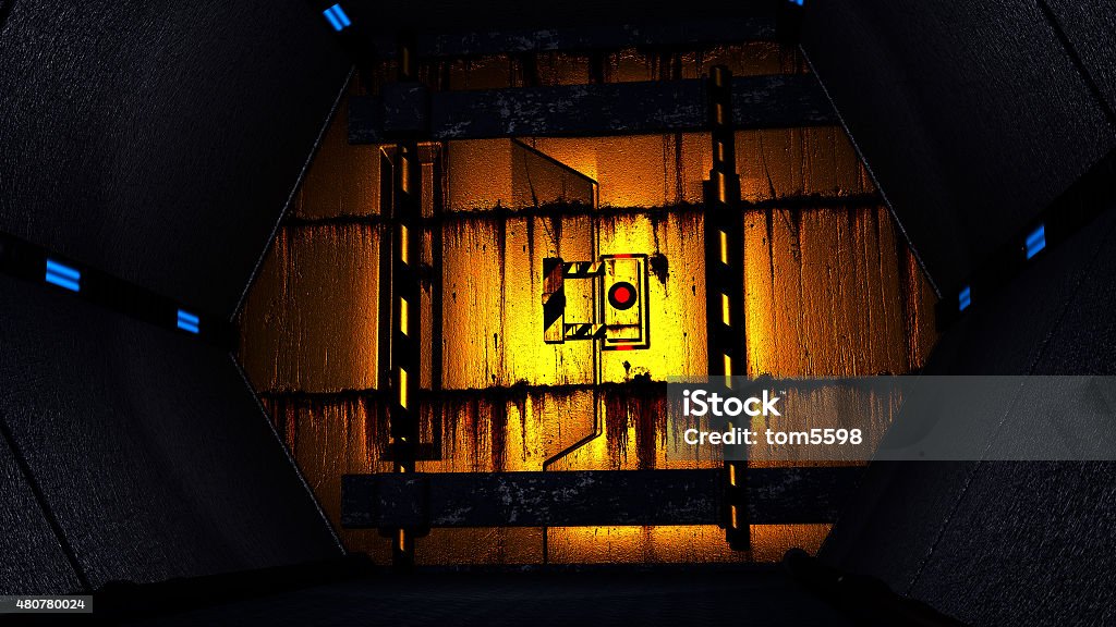 Futuristic closed door A yellow metal door closed, indicated by the red light. 2015 Stock Photo