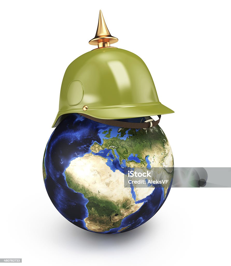 Planet in helmet Planet in helmet. Militaristic concept. 3d rendering image. Source of map texture Aggression Stock Photo