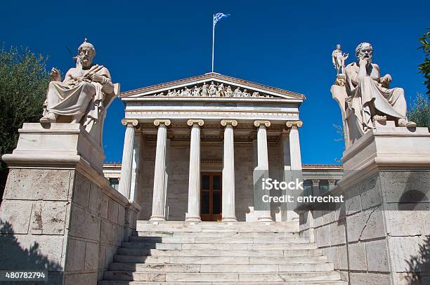 Academia De Atenas La Principal Temple Grecia Foto de stock y más banco de imágenes de Sócrates - Filósofo - Sócrates - Filósofo, 2015, Arquitectura