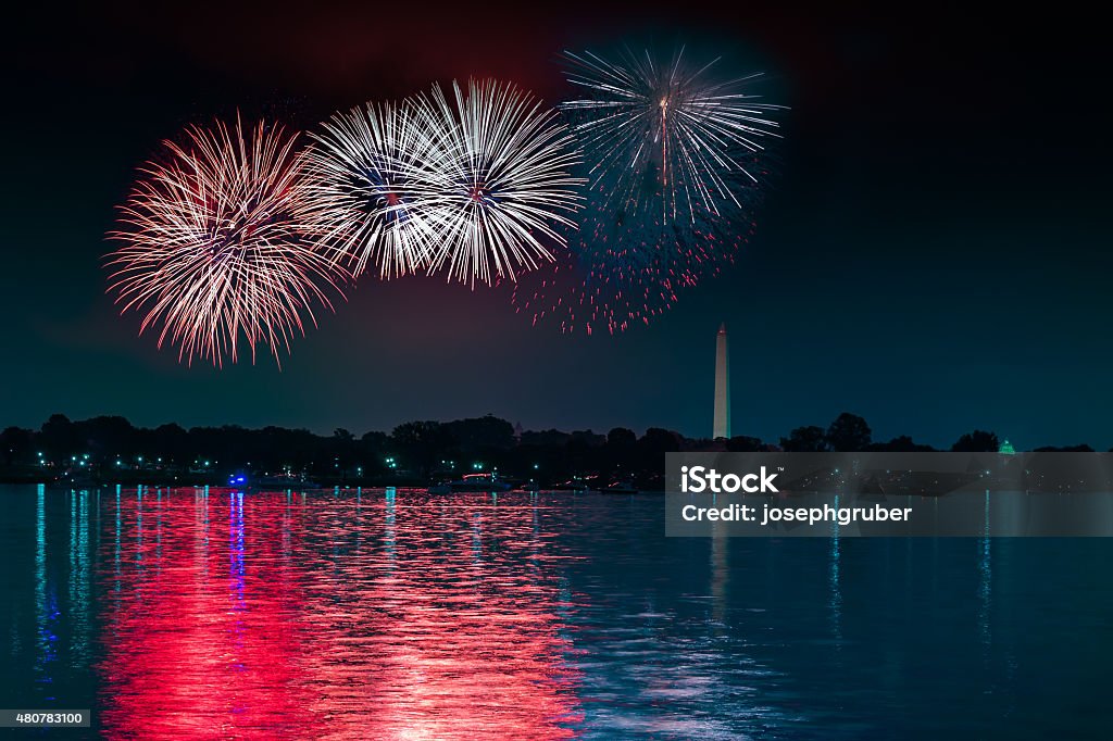 Independence Day Fireworks in DC Composite of the first three firework bursts during the Independence Day celebration on the Fourth of July in Washington, D.C with the bursts appearing over the Washington Monument. Fourth of July Stock Photo