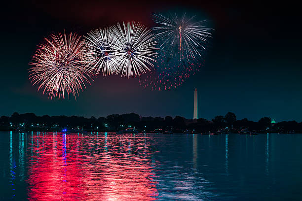 Independence Day Fireworks in DC Composite of the first three firework bursts during the Independence Day celebration on the Fourth of July in Washington, D.C with the bursts appearing over the Washington Monument. potomac river photos stock pictures, royalty-free photos & images