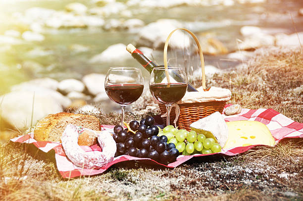 istock Red wine, cheese and grapes served at a picnic 480783574