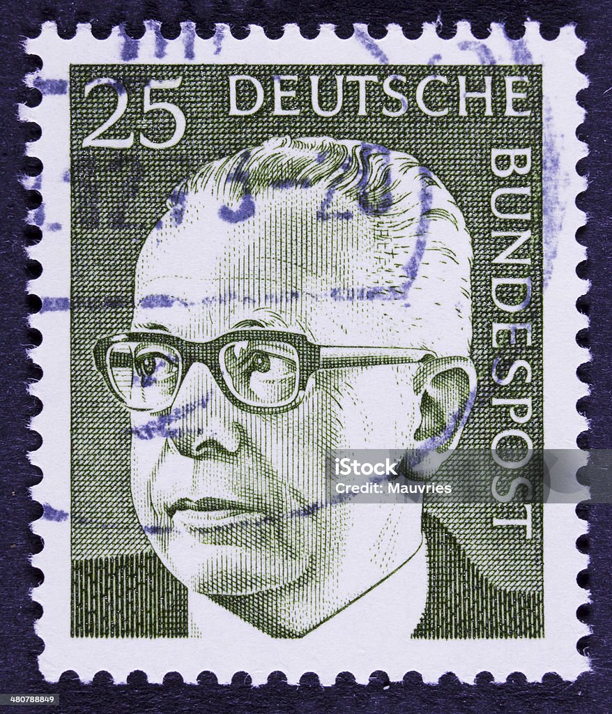 Former German President on an old stamp. GERMANY - CIRCA 1971 A stamp printed in Germany showing a portrait of Federal President Gustav Walter Heinemann, circa 1971. 1971 Stock Photo