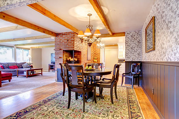 istock Dining room near brick fireplace and living room. 480789871