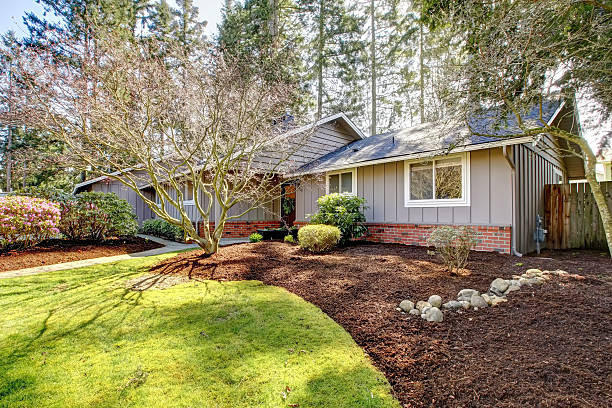 istock Brown grey house exterior with spring landscape. 480789873